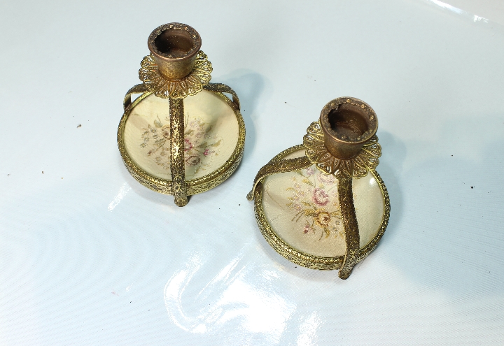 영국 엔틱 니들포인트 자수 촛대 캔들홀더