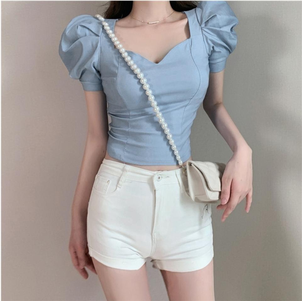 스퀘어 하트넥 벌룬 퍼프 크롭 블라우스 2색상