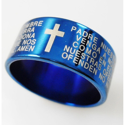 새 파랑색 십자가 주기도문 반지 티타늄 스틸 기독교 성경 천주교 패션  