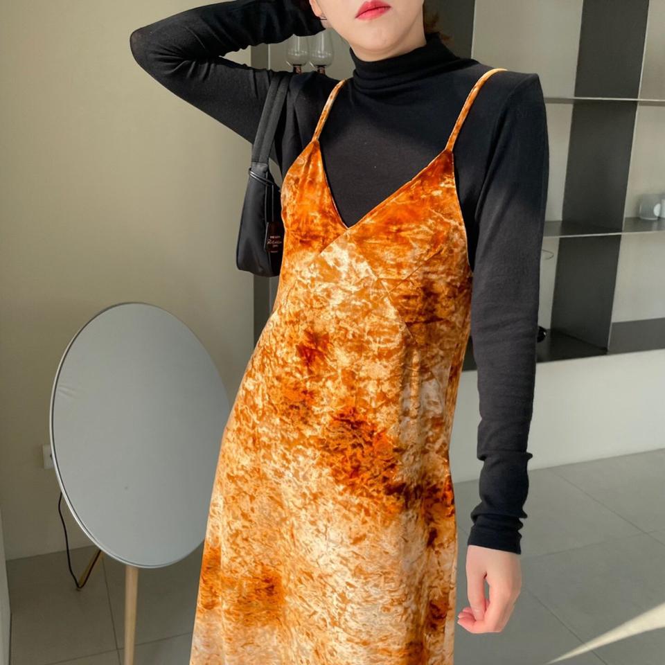 벨벳 오렌지 끈 롱원피스