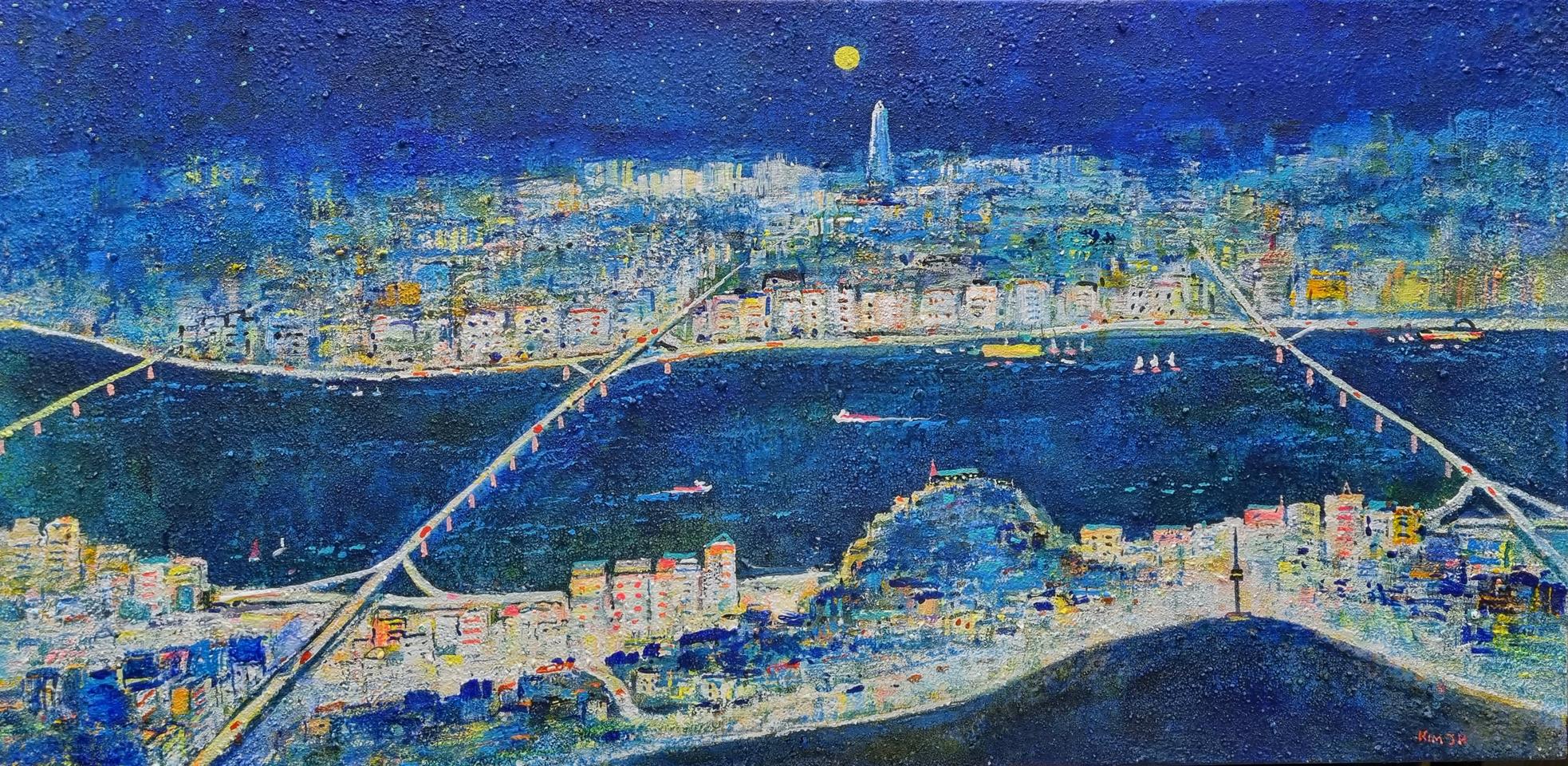 서양화가 김정호선생의 "강변연가 " 캔버스에 석채 유화 20호