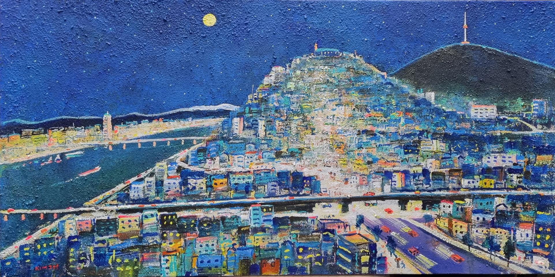 서양화가 김정호선생의 "서울의 달 " 캔버스에 석채 유화 20호