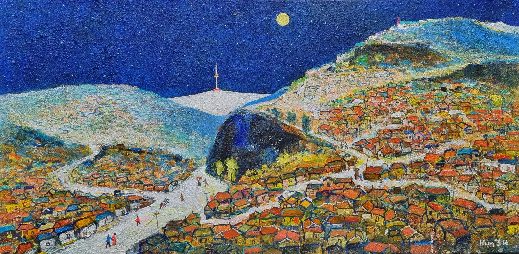 서양화가 김정호선생의 "서울의 달 " 캔버스에 석채 유화 20호