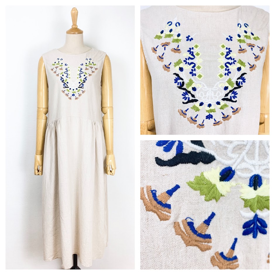 [5566] 자수 리넨 롱원피스