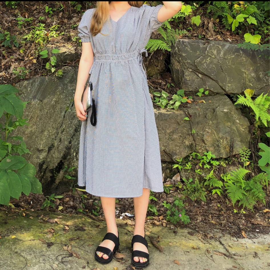 체크 반팔 원피스