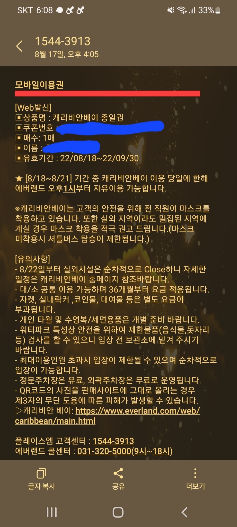 캐리비안베이 종일권 1매