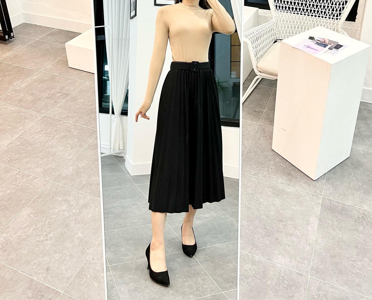 그린 카키 벨트 롱 주름 스커트 플리츠 치마 세트 밴딩