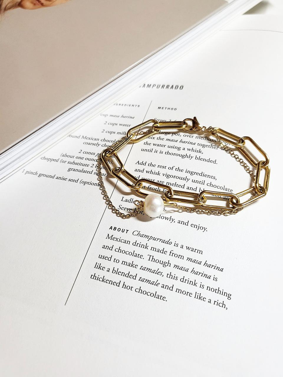 두줄 체인 담수 진주 팔찌(써지컬 스틸/새제품)