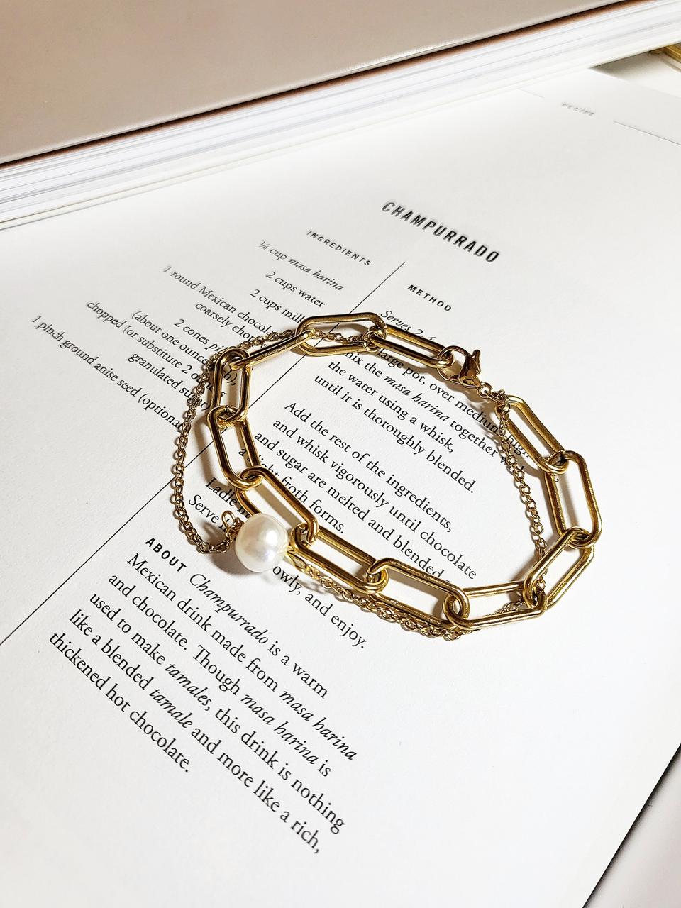 써지컬 두줄체인 담수 진주 포인트 팔찌 (새상품)