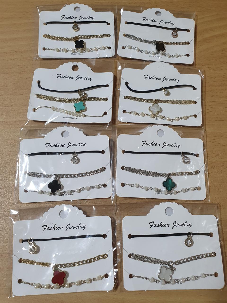 여성 패션 3줄 레이어드 팔찌 (진주 네이클로버) 개당가격