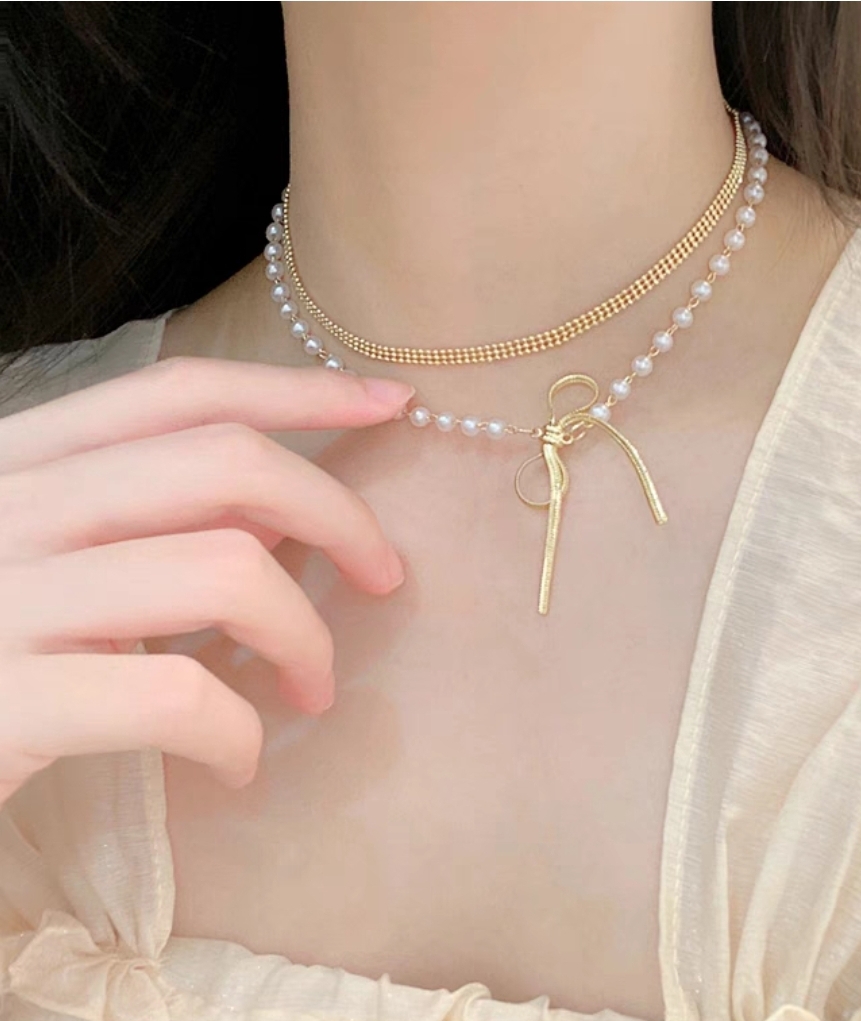 리본진주쵸커레이어드 목걸이