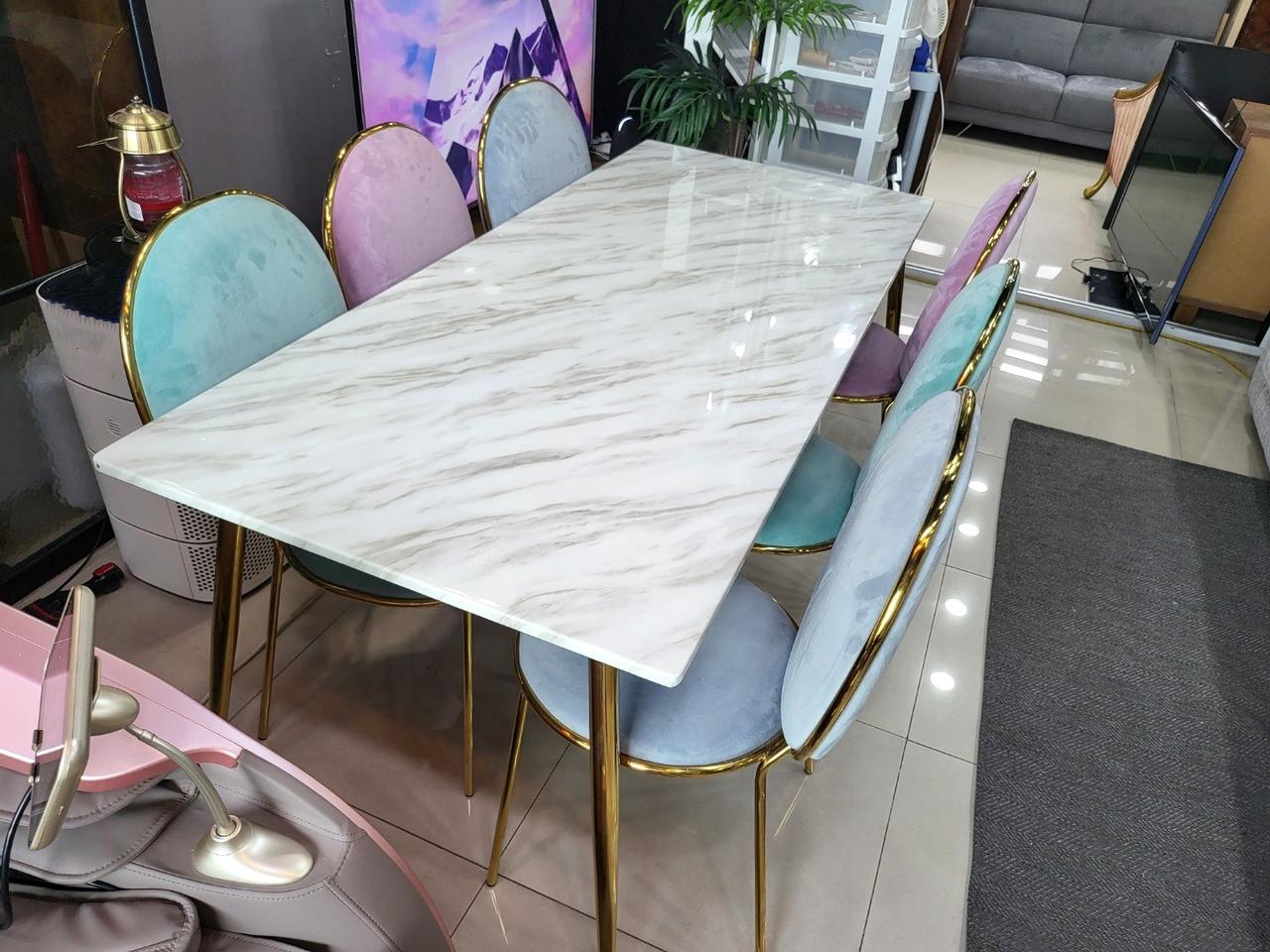 대구중고가구 모던골드 6인 대리석 식탁세트 / 다이닝테이블 벨벳 마카롱의자 인테리어