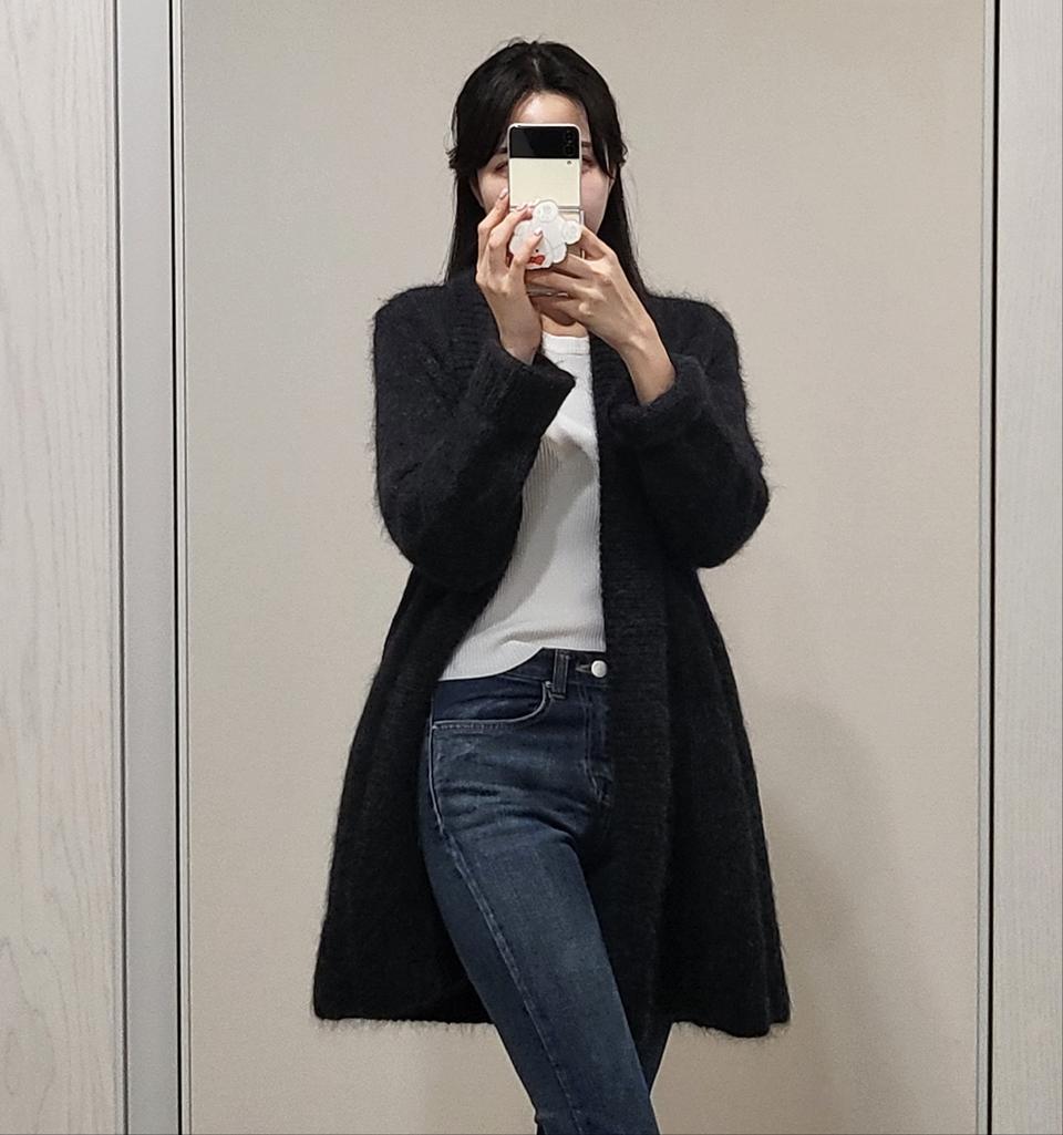 르베이지(LEBEIGE) 고급 앙고라 짙은 회색(블랙) 숄 롱가디건