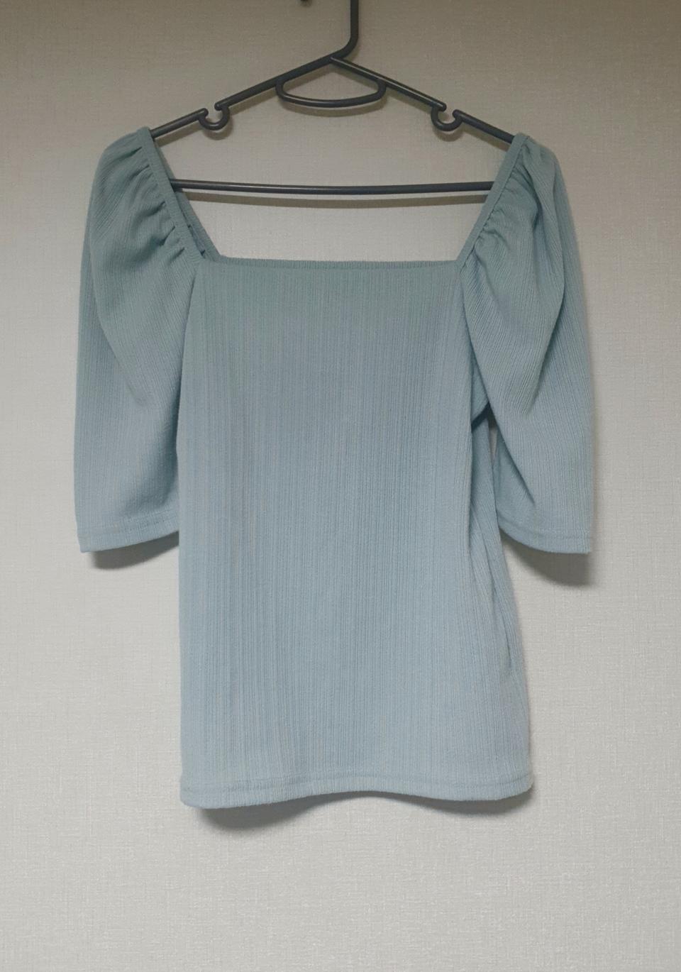 민트 스퀘어넥 퍼프 니트 티셔츠