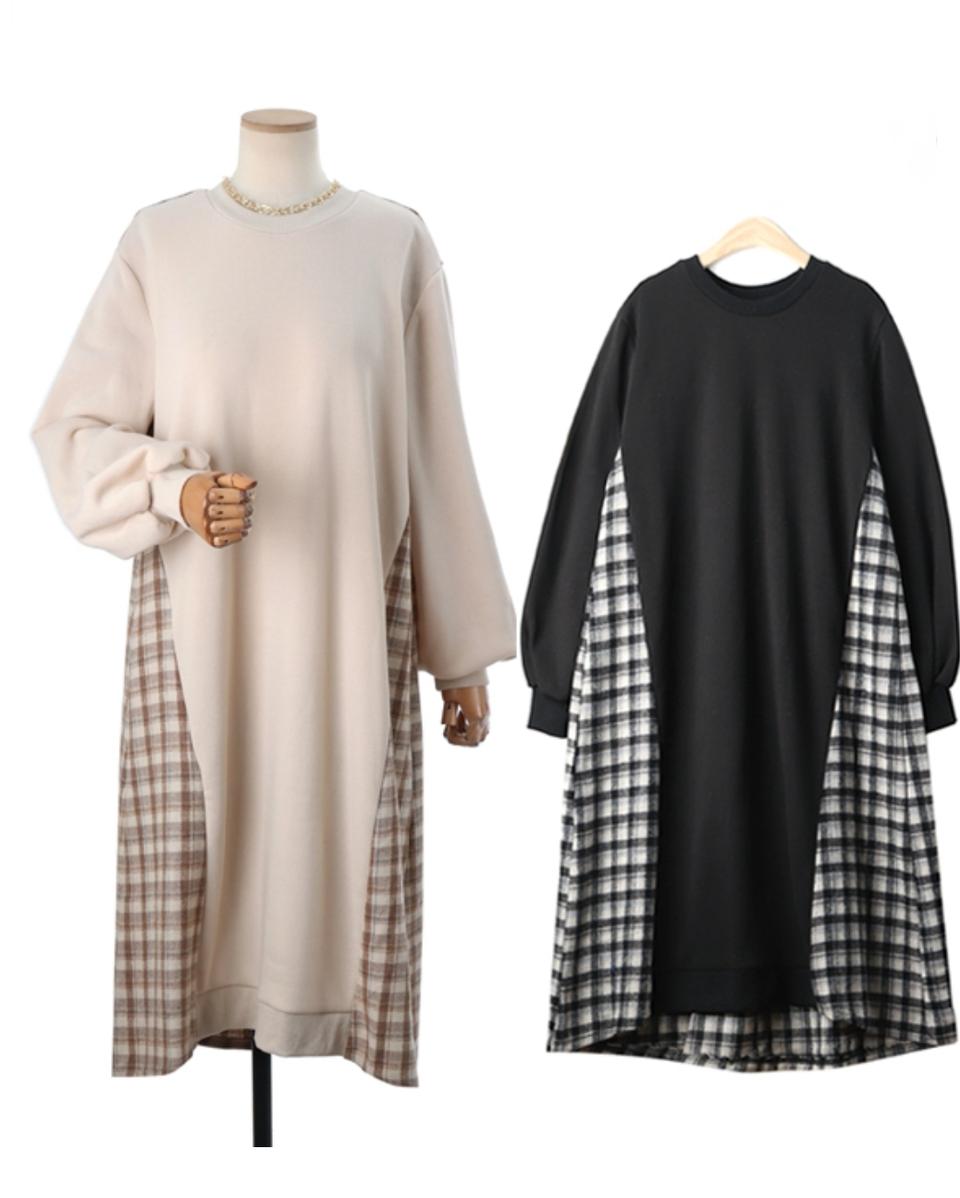 ❤울체크배색기모원피스