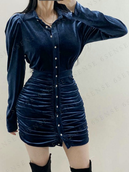 ♥벨벳 셔링셔츠 미니원피스 에쉬블루