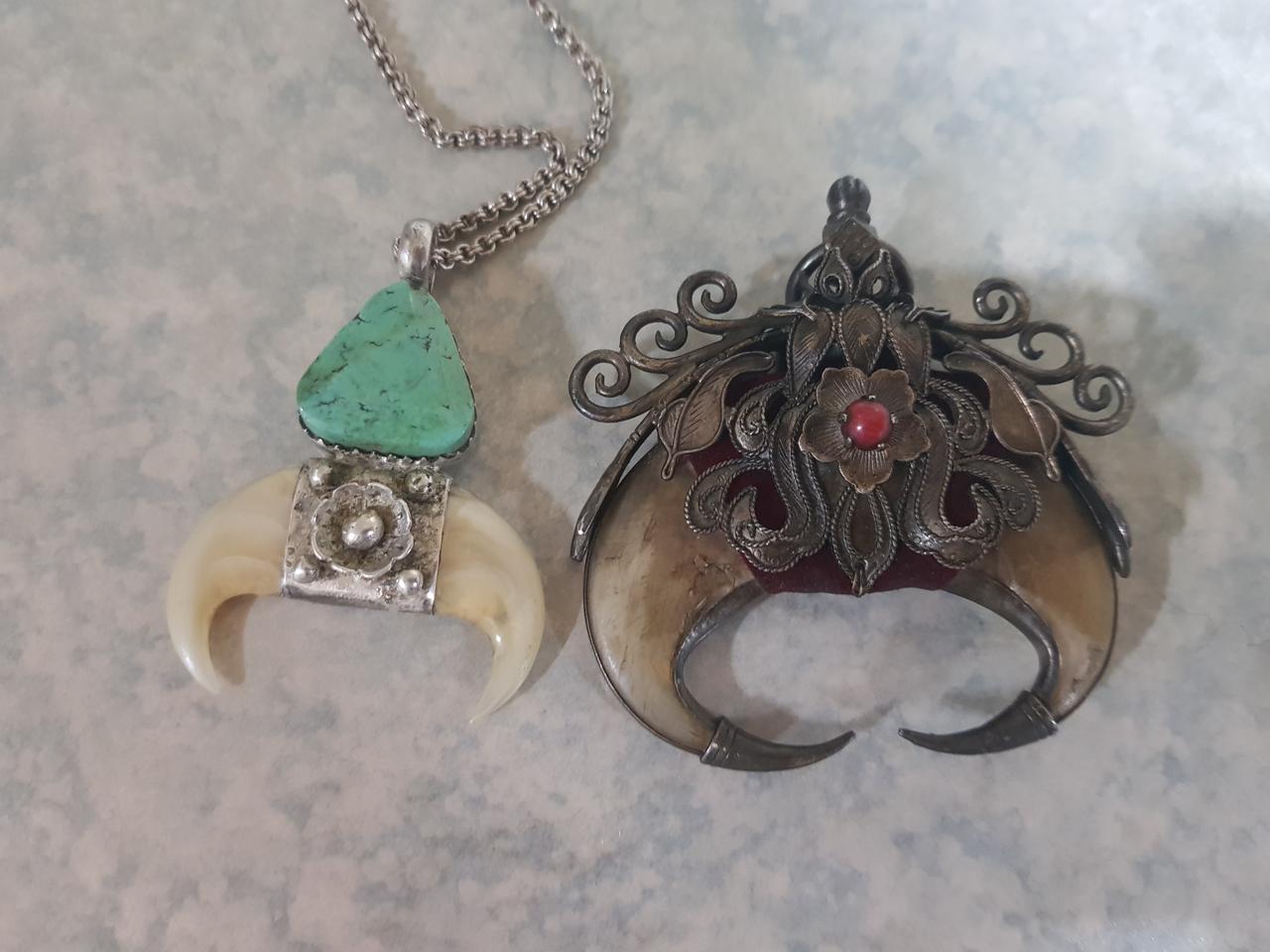 [희귀템] 천연 호랑이 발톱 펜던트 + 천연 터키석, 실버 체인 포함