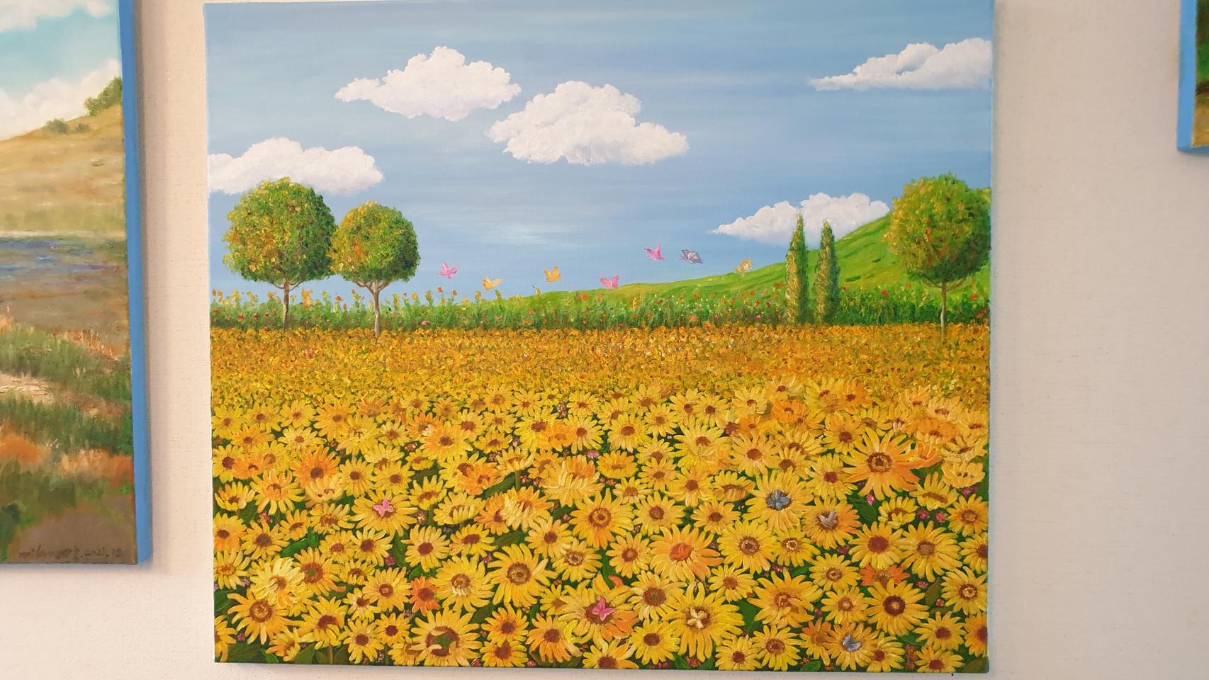 해바라기풍경화(나비) 유화그림