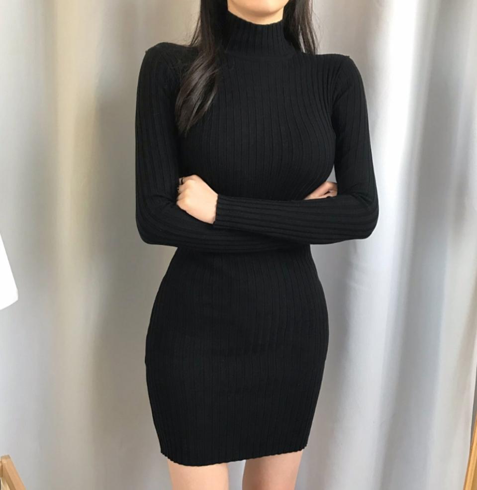 반폴라 세로 골지 니트 원피스