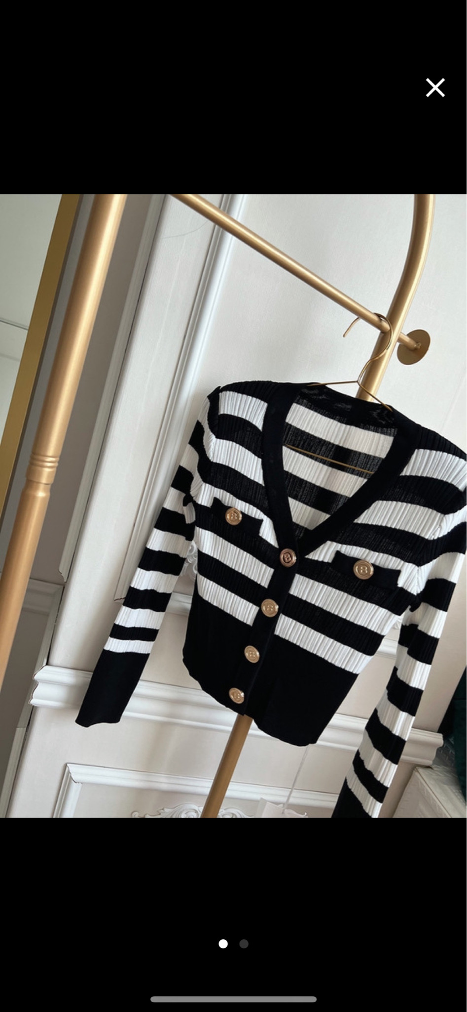 스트라이프 금장단추 니트 가디건