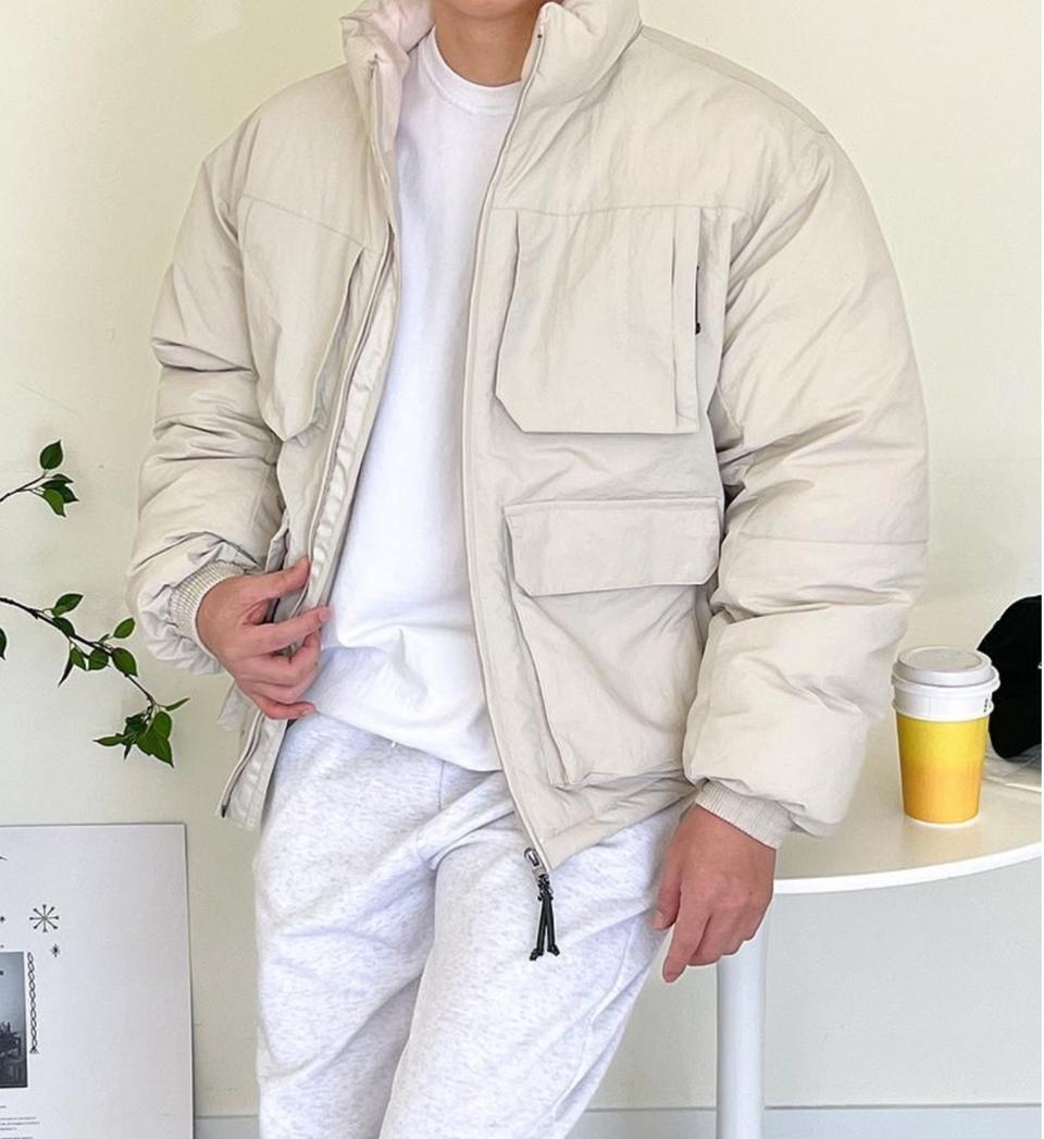 남성패딩점퍼 하이넥 멀티포켓 웰론 유틸리티 숏패딩점퍼-크림 M(105)