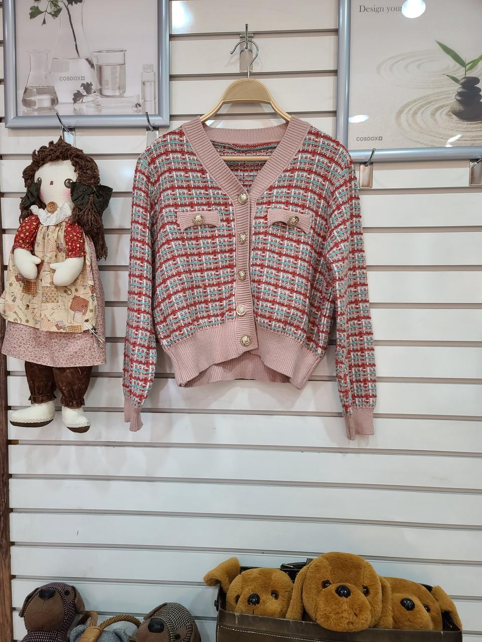 구제 트윗무늬분홍니트가디건