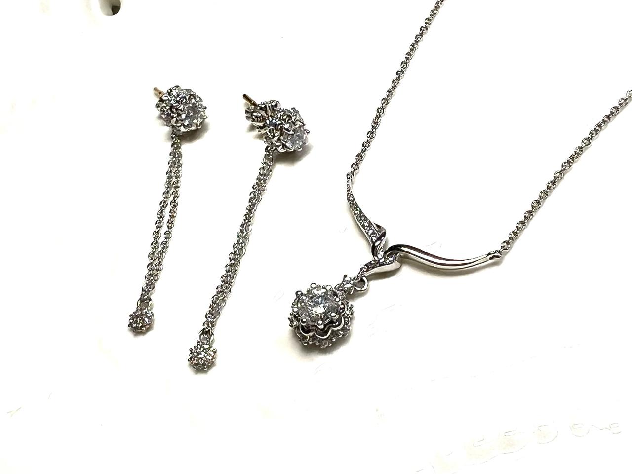 14k 플라워 라인 화이트 골드 금 목걸이 귀걸이 세트