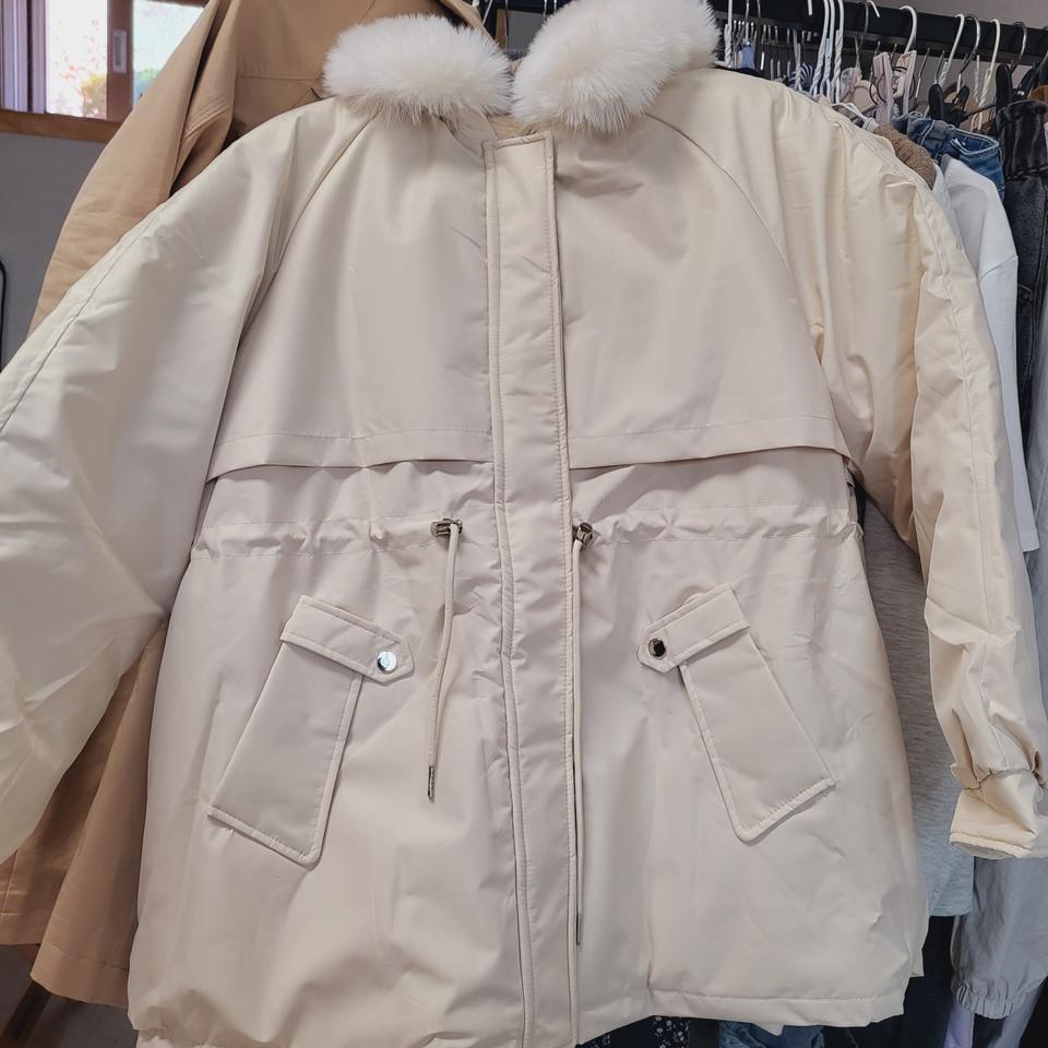 털 안감 스트링 패딩 야상 크림색