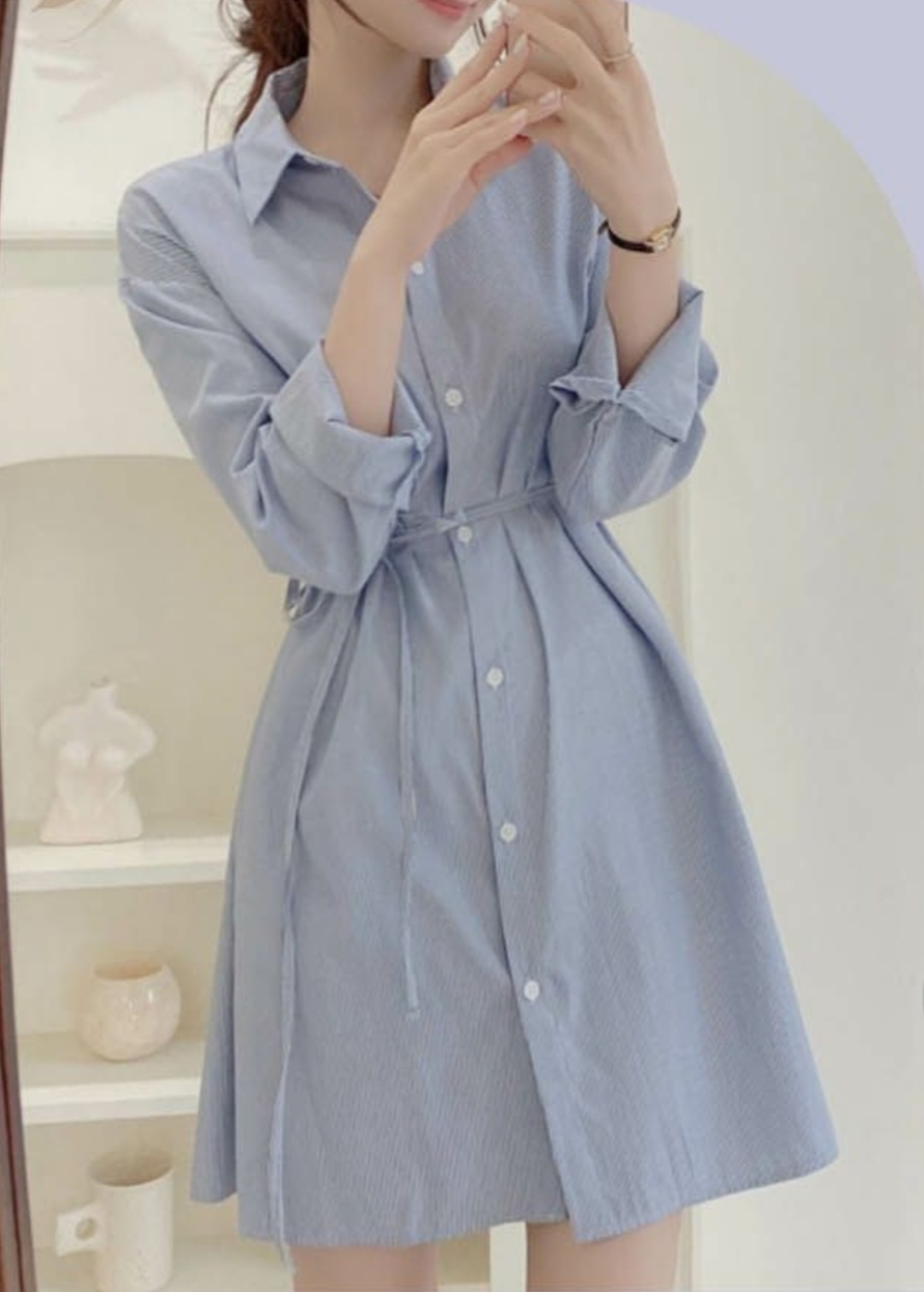 블루 스트라이프 리본 셔츠 원피스