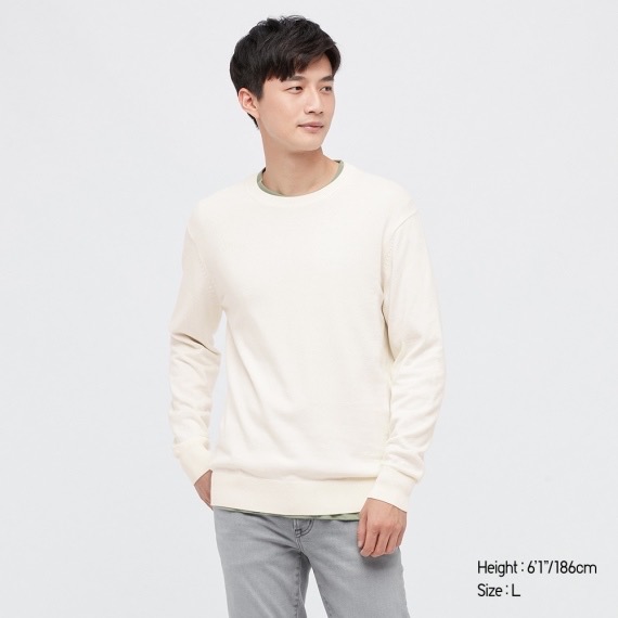 [L]유니클로 워셔블 코튼 크루넥 니트 스웨터 오프화이트 크림