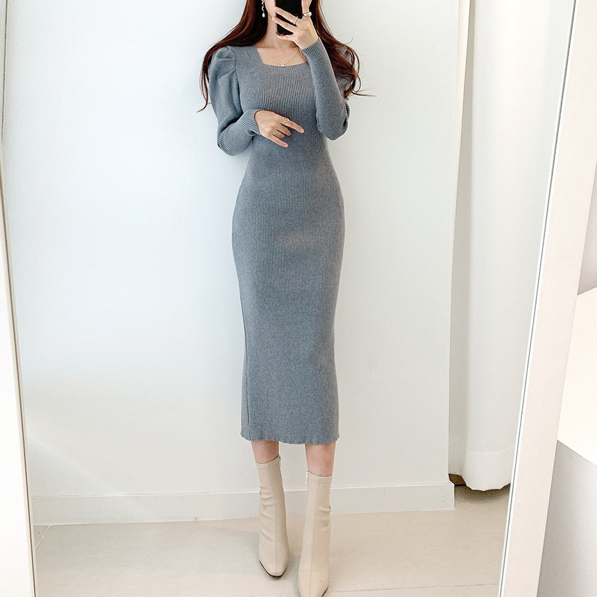 스퀘어 칼라 퍼프 슬리브 니트 원피스