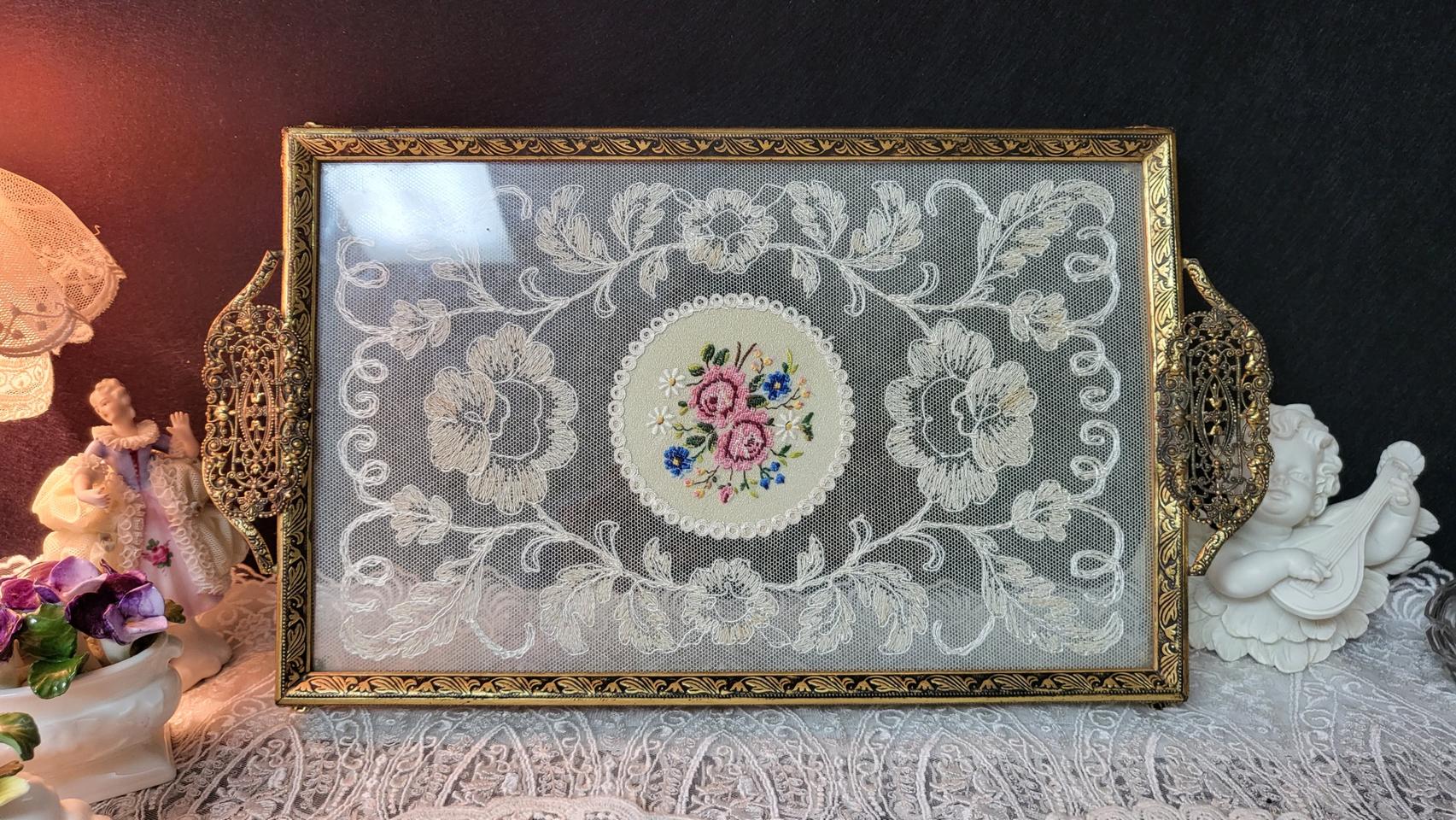 (레어템)영국 엔틱 니들포인트 레이스 트레이