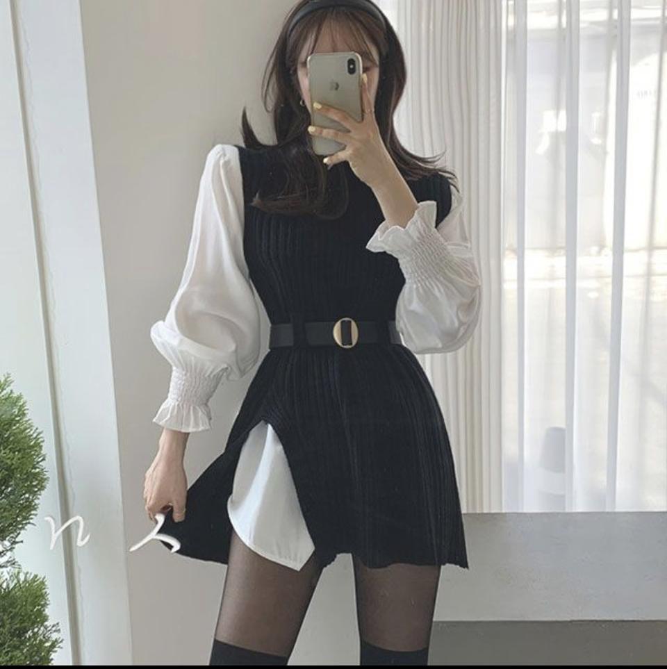 블라우스+니트조끼+벨트 세트