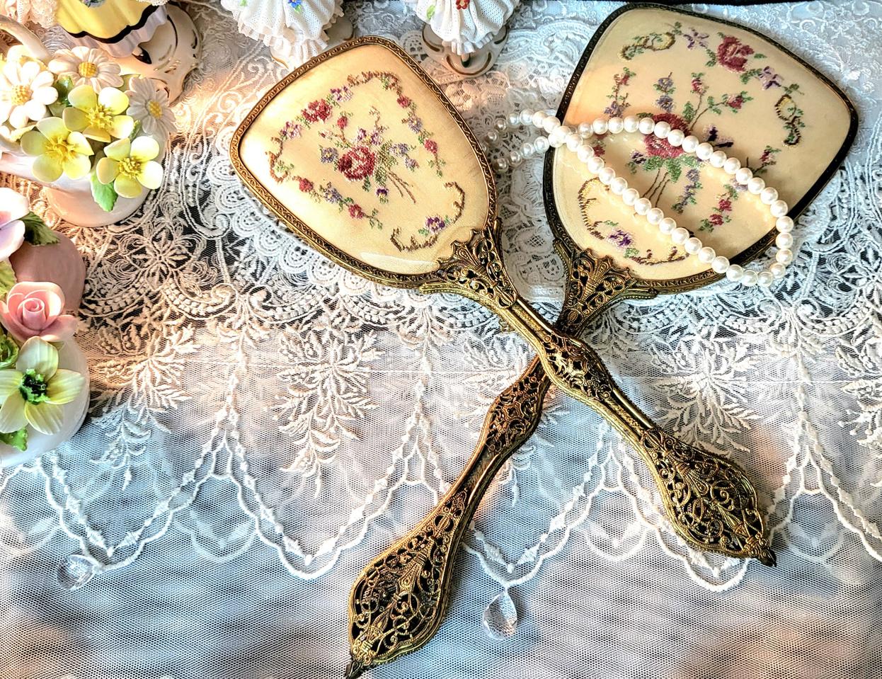 (대박득템가)영국 니들포인트 엔틱 브러쉬, 미러2p세트