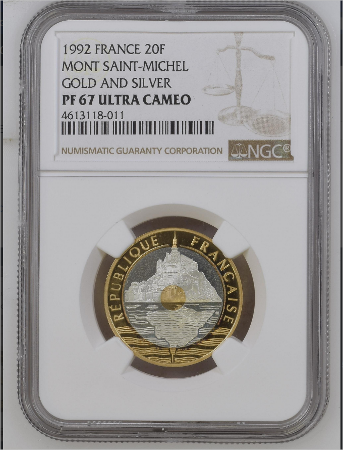 프랑스, 바이메탈 금화은화, '몽생미셀' 1992년 발행,  20프랑 ,  NGC PF67