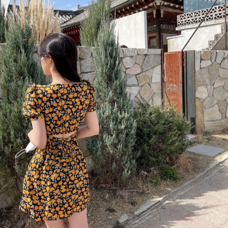 플라워 리본 뒤트임 밴딩 원피스