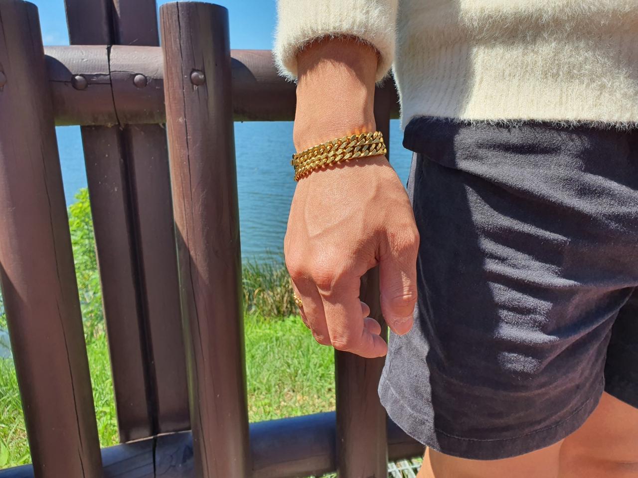 써지컬 스틸 도금 금 골드 8mm 남자 두줄 체인 팔찌