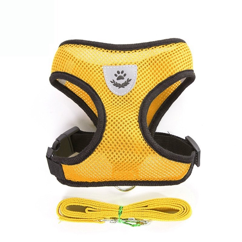 새 노랑색 M 사이즈 강아지 가슴줄 목줄 하네스 리드줄 세트 몸줄