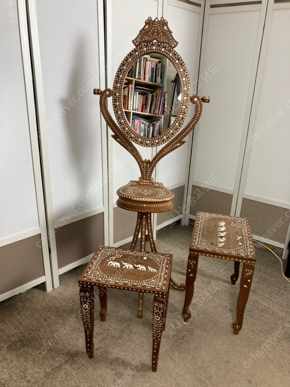 품번w5i 에스닉 중고 콘솔 화장대 인도산 장미원목 뿔상감 장식