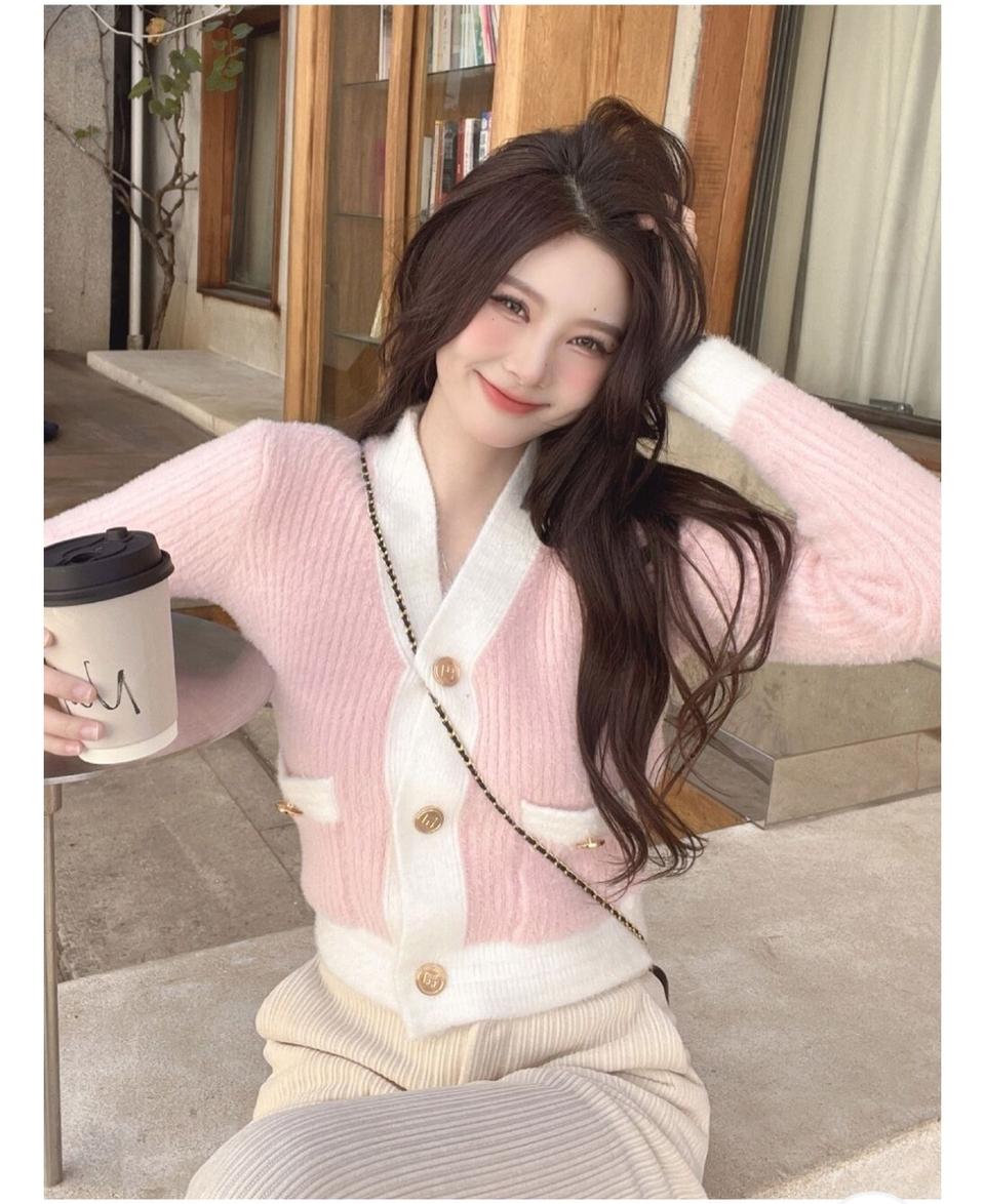 파스텔 배색 니트가디건