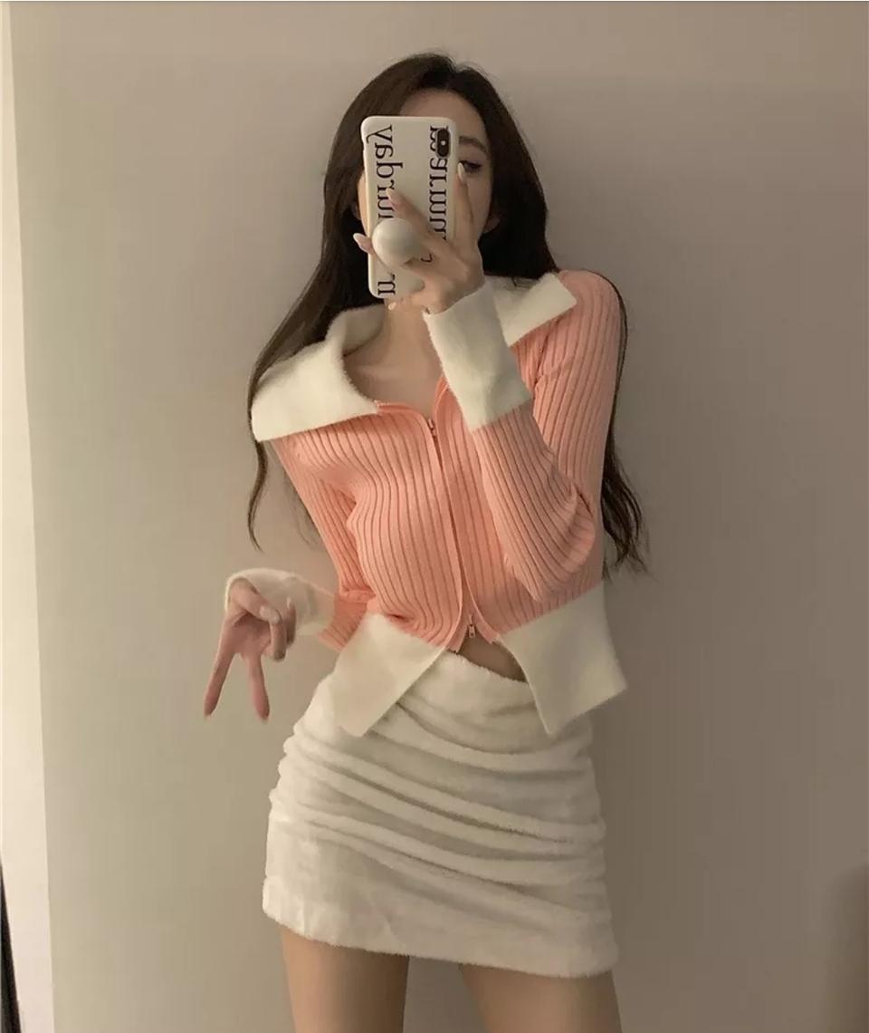 카라 슬림니트 퍼가디건