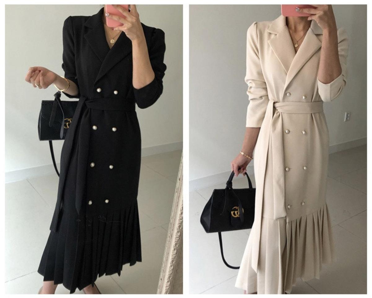 진주 랩 허리끈 플레츠 롱원피스 자켓 코트 2컬러