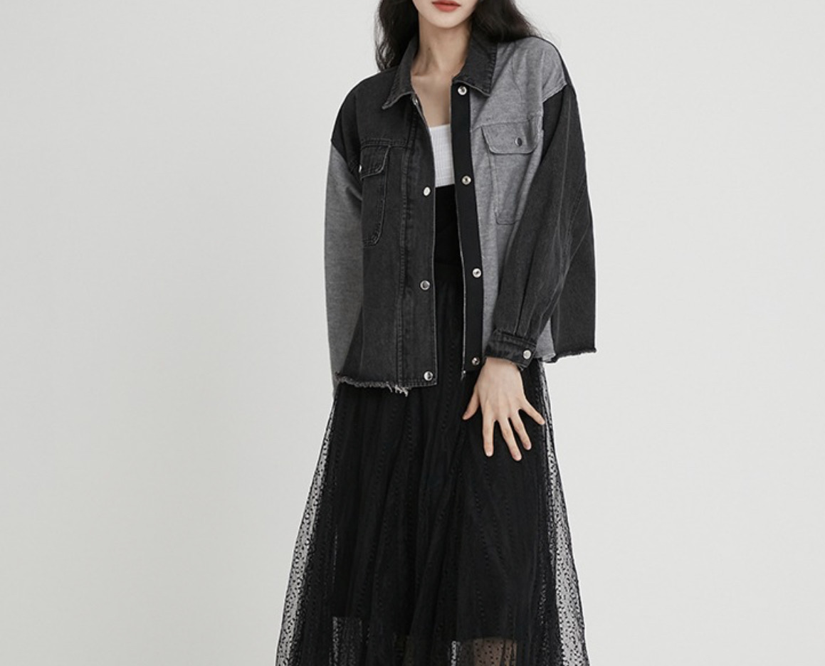 반반 또또 단추 배색 흑데님 오버핏 지퍼 남방 블랙 청자켓