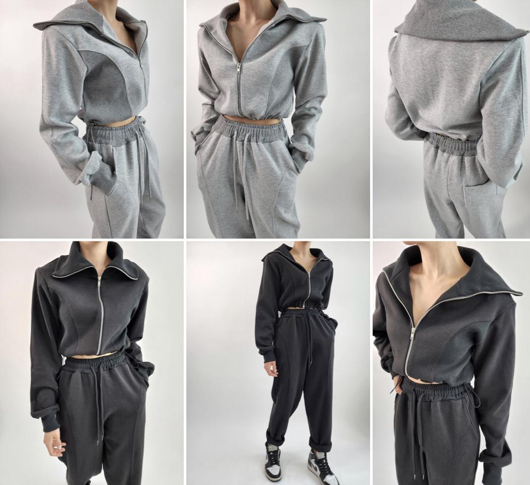 코디세트 라인 배색 빅카라 숏 스트링 크롭 집업 밴딩 조거 투피스 트레이닝복 팬츠