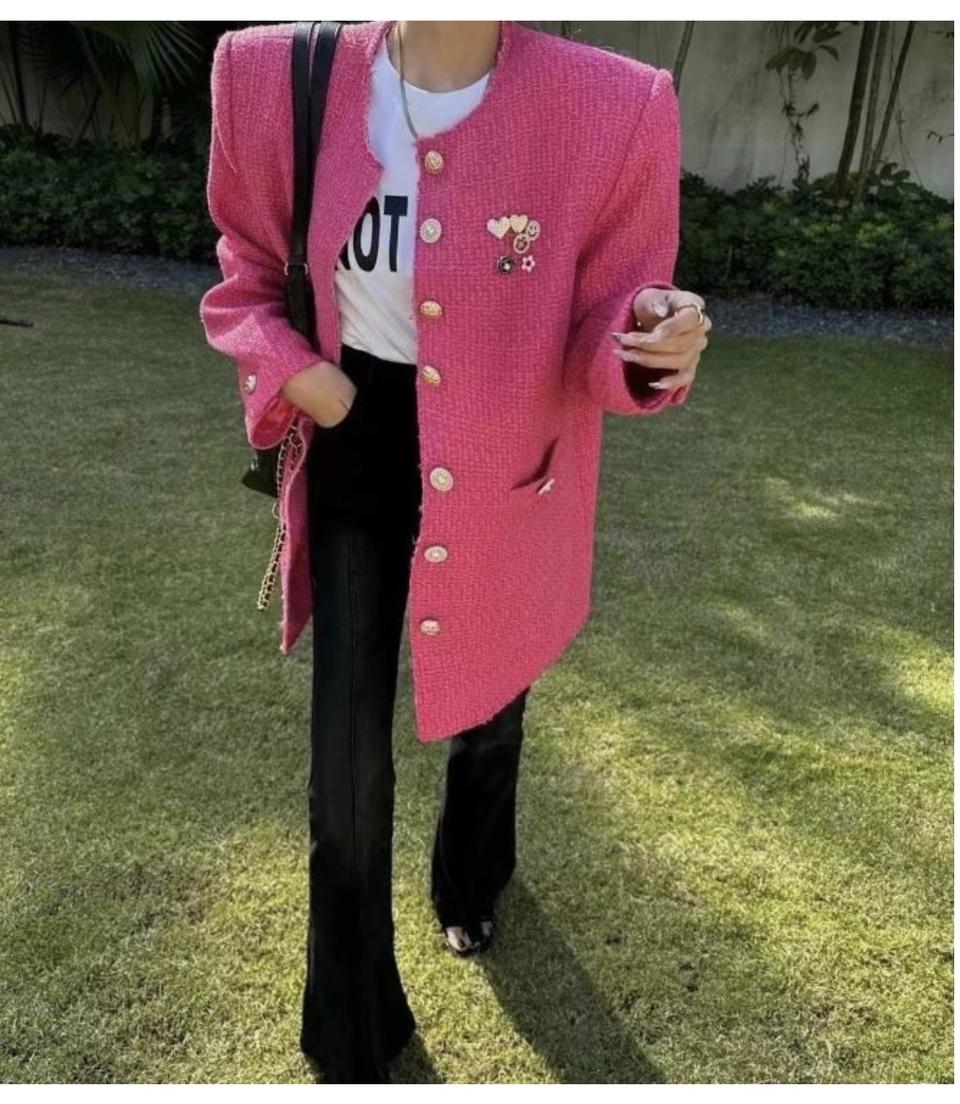 맥시 박시 큐빅 브로치 노카라 골드버튼 트위드 롱자켓 4컬러