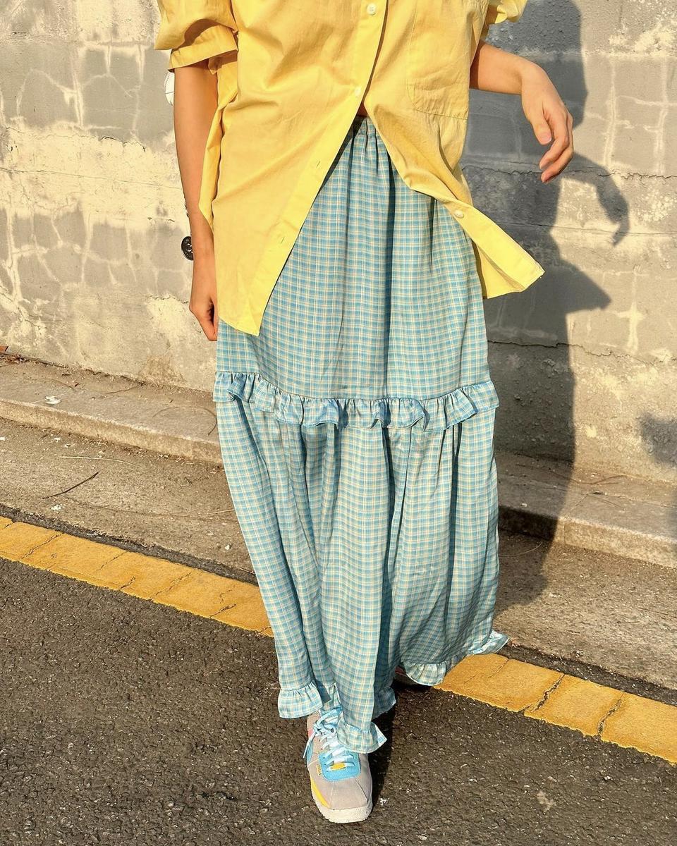 실크 새틴 레이스 프릴 캉캉 밴딩 체크 롱스커트 치마