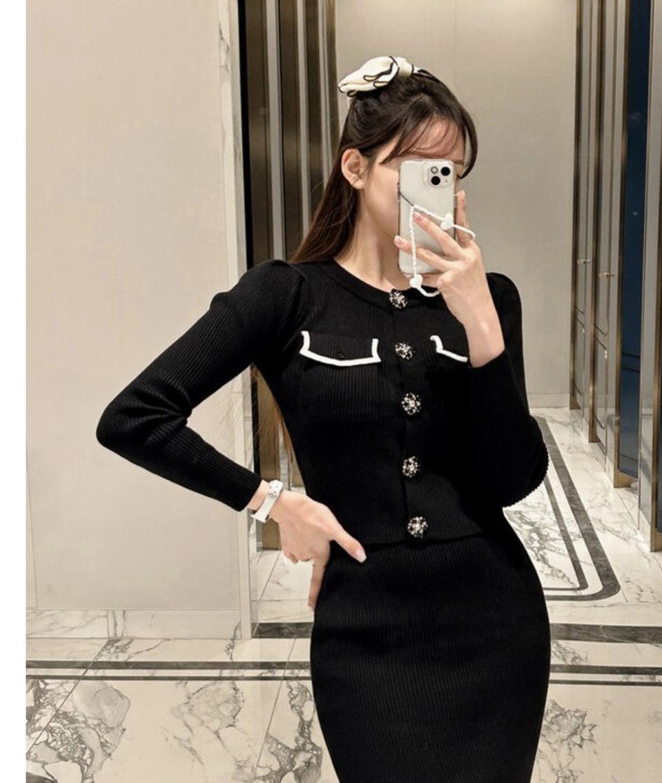 세트 배색 쥬얼리 큐빅 버튼 투피스 골지 니트 포켓 가디건 밴딩 롱스커트