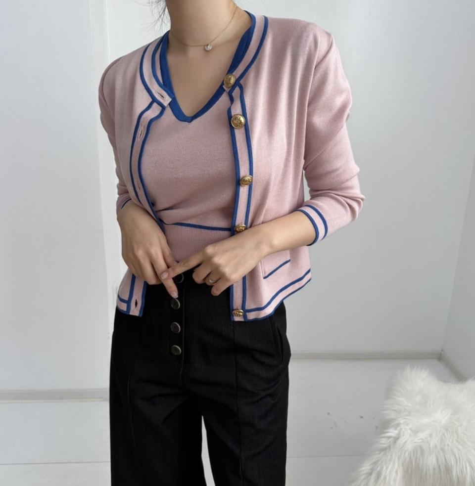 고퀄 골드 버튼 배색 니트 가디건 나시 세트 3col 고퀄 v넥