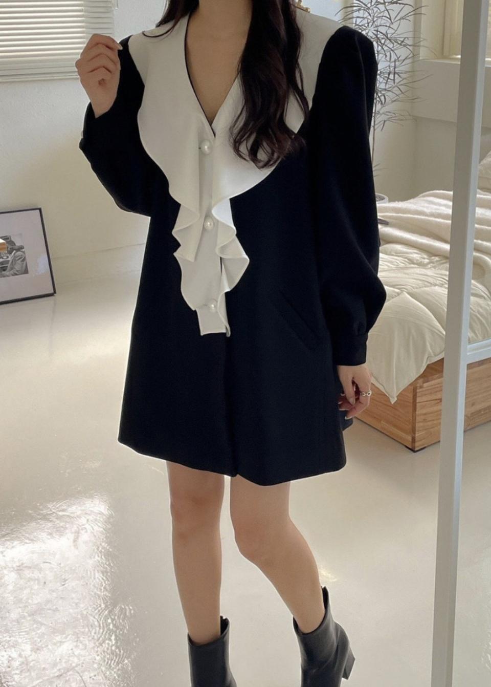 배색 프릴 진주 루즈핏 A라인 미니 러플 원피스 자켓 2COL