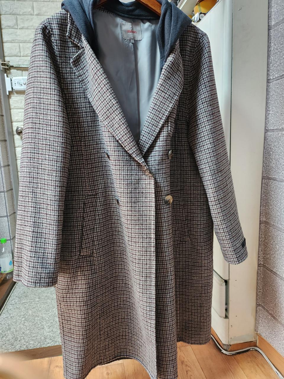 지센 글렌체크 핸드메이드 후드 롱코트 105사이즈